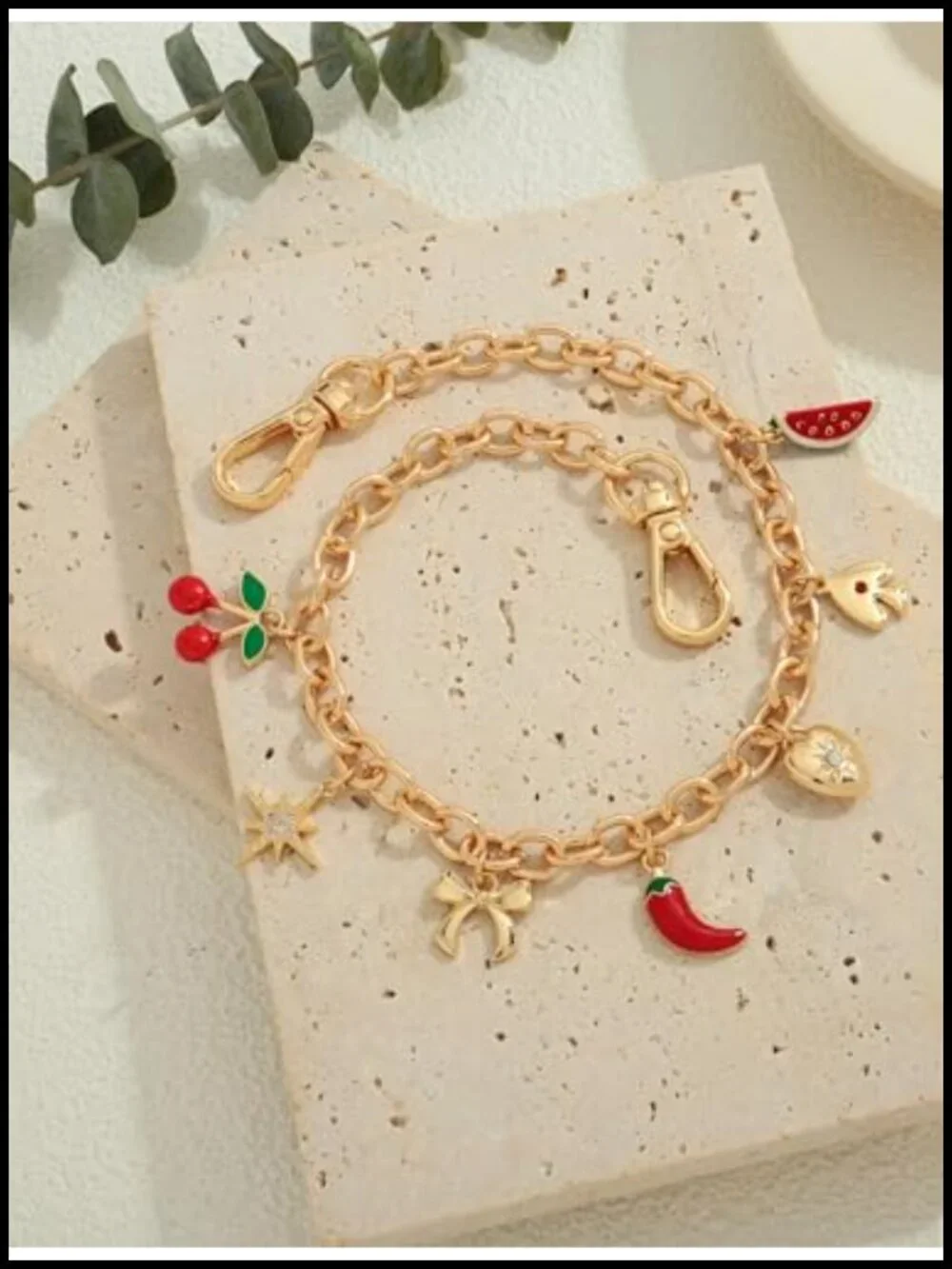 Gold Plated Fruit Charm Bag Chain Keychain Purse Accessory 7 Charms Cherry